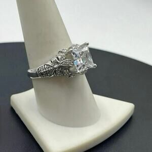 Vintage 925‎ Sterling Silver 8mm Square CZ Ring Ornate Floral Band Size 9